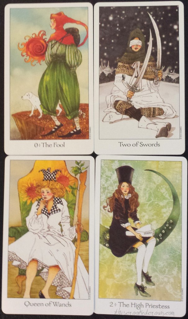 Fool, Two of Swords, Queen of Wands, High Priestess of the Dreaming Way Tarot