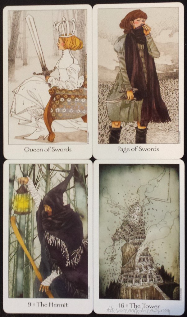 My favorites! The Queen of Swords, Page of Swords, the Hermit, and the Tower from the Dreaming Way Tarot